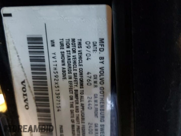 2005 Volvo S80 with VIN YV1TH592X51397154, listed as a Copart auction lot 53423135 with 0 mi miles and Salvage Title. Bid and sale history available at carsss.com. Image 12.