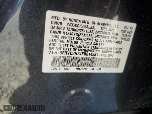 2015 Acura MDX with VIN 5FRYD3H24FB014281, listed as a Copart auction lot 88963145 with 219,167 mi miles and Salvage title. Bid and sale history available at DreamBid. Image 15.