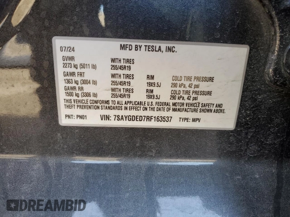 2024 Tesla Model Y with VIN 7SAYGDED7RF163537, listed as a Copart auction lot 48639255 with 7,193 mi miles and Salvage Title. Bid and sale history available at DreamBid. Image 14.