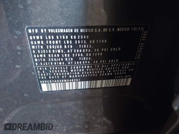 2024 Volkswagen Tiguan SE R-Line Black with VIN 3VVCB7AX4RM046261, listed as a IAAI auction lot 42327569 with 15,428 mi miles and . Bid and sale history available at DreamBid. Image 9.