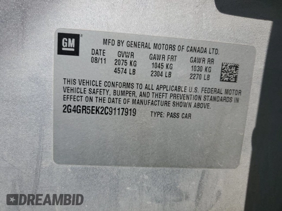 2012 Buick Regal with VIN 2G4GR5EK2C9117919, listed as a Copart auction lot 60761055 with 132,582 mi miles and Clean title. Bid and sale history available at DreamBid. Image 12.