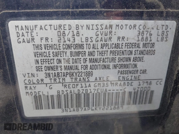 2019 Nissan Sentra SV z VIN 3N1AB7AP6KY221889, wystawiony jako IAAI lot #42077285 z przebiegiem 254 481 mil mil oraz . Historia ofert i sprzedaży dostępna na DreamBid. Obrazek 9.