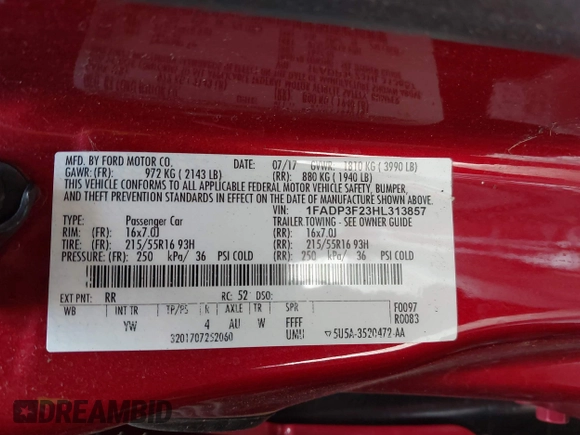 2017 Ford Focus SE z VIN 1FADP3F23HL313857, wystawiony jako IAAI lot #42181530 z przebiegiem 93 478 mil mil oraz . Historia ofert i sprzedaży dostępna na DreamBid. Obrazek 9.