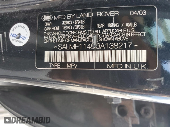 2003 Land Rover Range Rover HSE with VIN SALME11493A138217, listed as a Copart auction lot 53349625 with 146,647 mi miles and Salvage title. Bid and sale history available at DreamBid. Image 13.