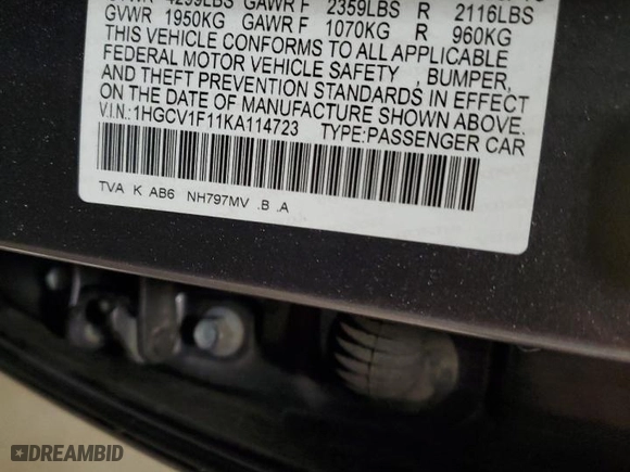 2019 Honda Accord Sedan LX 1.5T with VIN 1HGCV1F11KA114723, listed as a Copart auction lot 46815145 with 212,411 mi miles and Salvage Title. Bid and sale history available at carsss.com. Image 12.