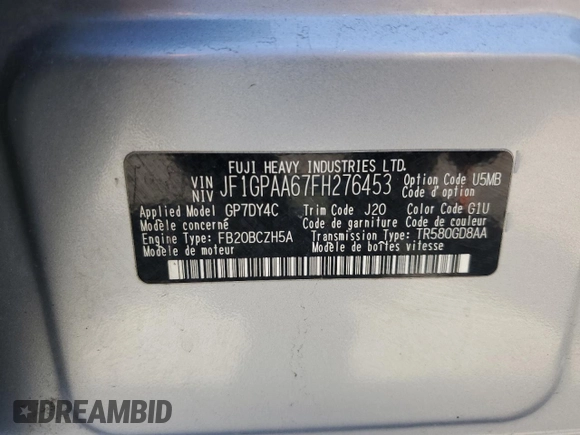 2015 Subaru Impreza 2.0i z VIN JF1GPAA67FH276453, wystawiony jako Copart lot #52321875 z przebiegiem 139 133 mil mil oraz Szkoda całkowita • Salvage title. Historia ofert i sprzedaży dostępna na DreamBid. Obrazek 12.