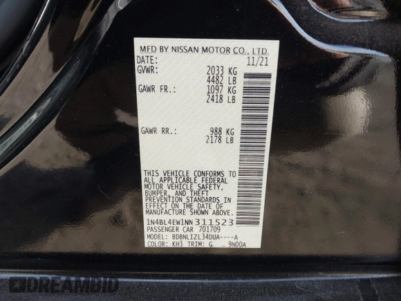 2022 Nissan Altima SL with VIN 1N4BL4EW1NN311523, listed as a IAAI auction lot 40775292 with 25,319 mi miles and . Bid and sale history available at carsss.com. Image 9.