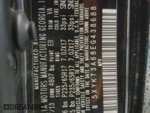 2014 Kia Sorento LX with VIN 5XYKT3A68EG438688, listed as a Copart auction lot 54274005 with 113,672 mi miles and Clean Title. Bid and sale history available at carsss.com. Image 13.