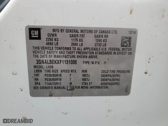 2015 Chevrolet Equinox LT with VIN 2GNALBEKXF1131006, listed as a Copart auction lot 78875734 with 58,144 mi miles and Salvage Title. Bid and sale history available at carsss.com. Image 15.