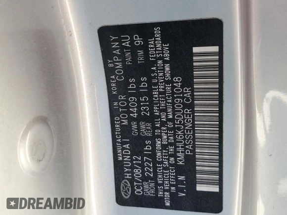 2013 Hyundai Genesis Coupe R-Spec with VIN KMHHU6KJ5DU091048, listed as a Copart auction lot 62120655 with 155,874 mi miles and Salvage title. Bid and sale history available at DreamBid. Image 13.