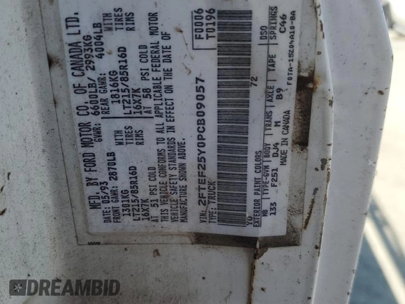1993 Ford F-250 с VIN 2FTEF25Y0PCB09057, выставлен на аукционе Copart как лот 58813815 с пробегом 216 202 миль миль и Чистый • Clean title. История ставок и продаж доступна на DreamBid. Изображение 12.
