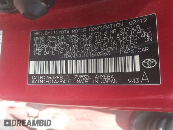 2012 Toyota Prius One z VIN JTDKN3DU1C1503463, wystawiony jako IAAI lot #42446535 z przebiegiem 321 201 mil mil oraz . Historia ofert i sprzedaży dostępna na DreamBid. Obrazek 9.