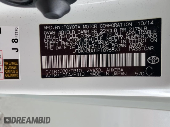 2015 Toyota Prius Four z VIN JTDKN3DU1F1896823, wystawiony jako Copart lot #58548415 z przebiegiem 143 662 mil mil oraz Szkoda całkowita • Salvage title. Historia ofert i sprzedaży dostępna na DreamBid. Obrazek 12.