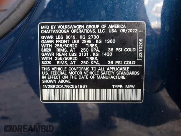 2022 Volkswagen Atlas SEL with VIN 1V2BR2CA7NC551867, listed as a Copart auction lot 88635095 with 45,018 mi miles and Salvage title. Bid and sale history available at DreamBid. Image 14.