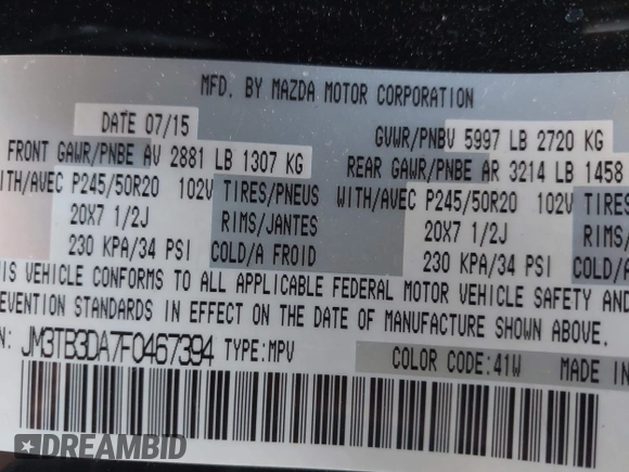 2015 Mazda CX-9 Grand Touring with VIN JM3TB3DA7F0467394, listed as a IAAI auction lot 41749174 with 189,097 mi miles. Bid and sale history available at carsss.com. Image 9.