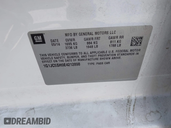 2014 Chevrolet Sonic LT with VIN 1G1JC5SH9E4212898, listed as a IAAI auction lot 41852112 with 121,382 mi miles and . Bid and sale history available at DreamBid. Image 9.