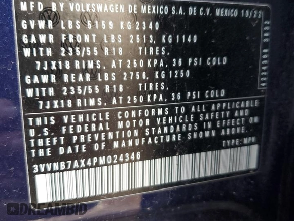 2023 Volkswagen Tiguan SE with VIN 3VVNB7AX4PM024346, listed as a Copart auction lot 80693914 with 18,241 mi miles and Salvage title. Bid and sale history available at DreamBid. Image 12.