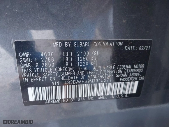 2021 Subaru Legacy Premium with VIN 4S3BWAF69M3015271, listed as a IAAI auction lot 41104272 with 27155 miles. Bid and sale history available at carsss.com. Image 9.