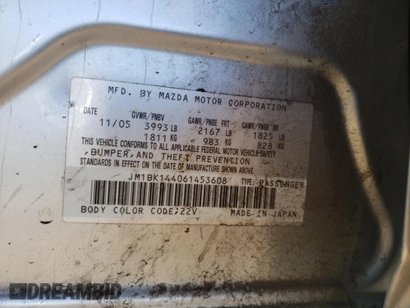 2006 Mazda 3 S Sport with VIN JM1BK144061453608, listed as a Copart auction lot 79045044 with 180,207 mi miles and Salvage Title. Bid and sale history available at DreamBid. Image 12.