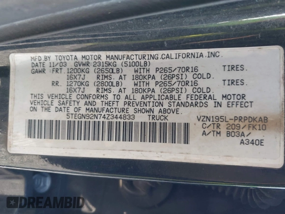 2004 Toyota Tacoma PreRunner z VIN 5TEGN92N74Z344833, wystawiony jako IAAI lot #42078554 z przebiegiem 227 310 mil mil oraz . Historia ofert i sprzedaży dostępna na DreamBid. Obrazek 9.