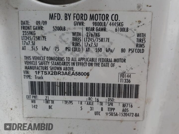 2010 Ford F-250 XL with VIN 1FTSX2BR3AEA58006, listed as a Copart auction lot 79164914 with 324,212 mi miles and Salvage title. Bid and sale history available at DreamBid. Image 12.
