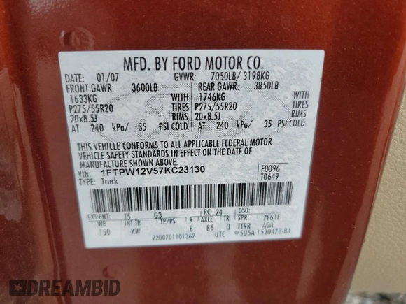 2007 Ford F-150 XLT with VIN 1FTPW12V57KC23130, listed as a Copart auction lot 59785685 with 149,350 mi miles and Salvage title. Bid and sale history available at DreamBid. Image 12.