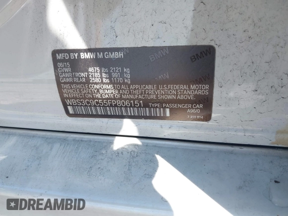 2015 BMW M3 with VIN WBS3C9C55FP806151, listed as a IAAI auction lot 41934925 with 58,071 mi miles and . Bid and sale history available at DreamBid. Image 9.