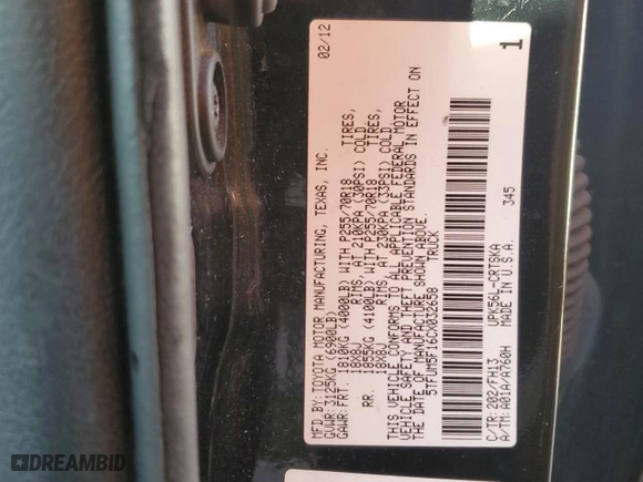 2012 Toyota Tundra 4WD Truck with VIN 5TFUM5F16CX032658, listed as a Copart auction lot 43269405 with 220,899 mi miles and Salvage Title. Bid and sale history available at carsss.com. Image 12.