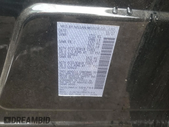 2018 Infiniti QX60 with VIN 5N1DL0MM4JC504794, listed as a Copart auction lot 53173535 with 112,282 mi miles and Salvage Title. Bid and sale history available at DreamBid. Image 14.
