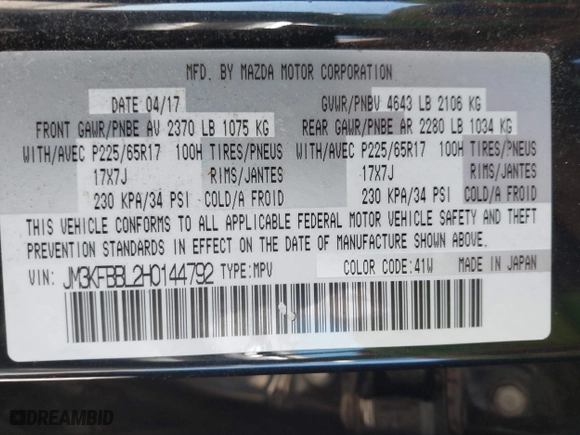 2017 Mazda CX-5 Sport with VIN JM3KFBBL2H0144792, listed as a IAAI auction lot 41654031 with 77,107 mi miles. Bid and sale history available at carsss.com. Image 9.