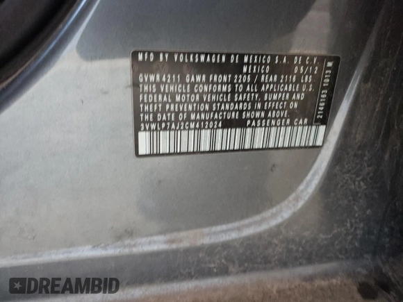 2012 Volkswagen Jetta SEL with VIN 3VWLP7AJ2CM412024, listed as a Copart auction lot 48194955 with 178,268 mi miles and Salvage title. Bid and sale history available at DreamBid. Image 12.