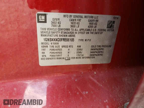 2015 Chevrolet Suburban LTZ with VIN 1GNSKKKC6FR556105, listed as a Copart auction lot 64034304 with 106,269 mi miles and Salvage Title. Bid and sale history available at DreamBid. Image 13.