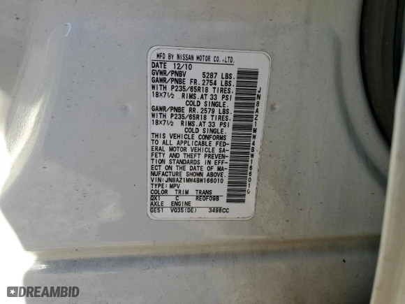 2011 Nissan Murano S with VIN JN8AZ1MW4BW166010, listed as a Copart auction lot 87617475 with 0 mi miles and Salvage Title. Bid and sale history available at carsss.com. Image 14.