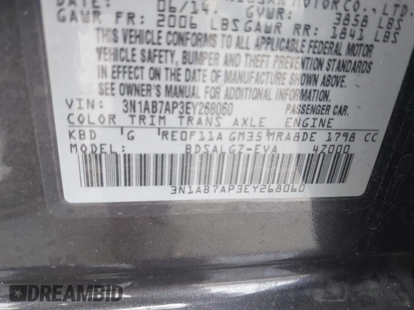 2014 Nissan Sentra SR with VIN 3N1AB7AP3EY268060, listed as a IAAI auction lot 42054280 with 105,855 mi miles and . Bid and sale history available at DreamBid. Image 9.