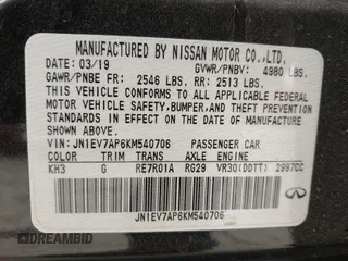 2019 Infiniti Q50 Signature Edition with VIN JN1EV7AP6KM540706, listed as a IAAI auction lot 41733726 with 45,847 mi miles and . Bid and sale history available at DreamBid. Image 9.