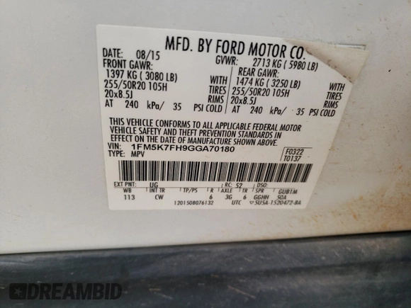 2016 Ford Explorer Limited with VIN 1FM5K7FH9GGA70180, listed as a Copart auction lot 51601265 with 176,549 mi miles and Salvage Title. Bid and sale history available at DreamBid. Image 15.
