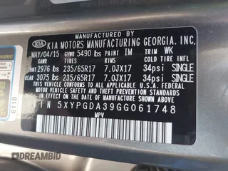 2016 Kia Sorento LX with VIN 5XYPGDA39GG061748, listed as a IAAI auction lot 41720011 with 124,084 mi miles. Bid and sale history available at carsss.com. Image 9.