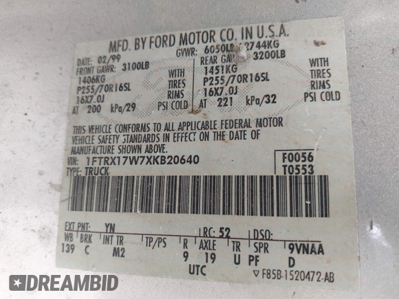1999 Ford F-150 with VIN 1FTRX17W7XKB20640, listed as a IAAI auction lot 42273497 with 250,232 mi miles and . Bid and sale history available at DreamBid. Image 9.