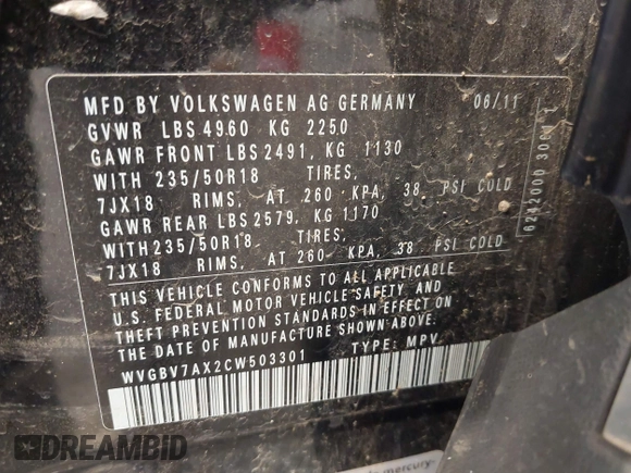 2012 Volkswagen Tiguan SE with VIN WVGBV7AX2CW503301, listed as a IAAI auction lot 42679407 with 90,603 mi miles and . Bid and sale history available at DreamBid. Image 9.