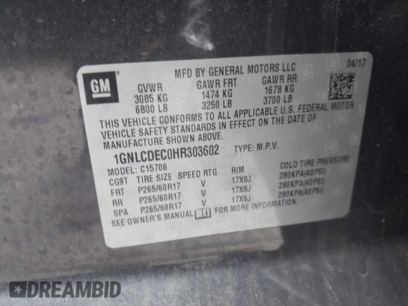 2017 Chevrolet Tahoe Commercial with VIN 1GNLCDEC0HR303602, listed as a IAAI auction lot 41718630 with 196,484 mi miles and . Bid and sale history available at DreamBid. Image 9.