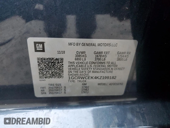 2019 Chevrolet Silverado 1500 LT with VIN 1GCRWCEK4KZ199182, listed as a Copart auction lot 77158204 with 70,660 mi miles and Salvage Title. Bid and sale history available at DreamBid. Image 12.