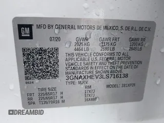2020 Chevrolet Equinox LS with VIN 3GNAXHEV3LS716138, listed as a IAAI auction lot 41560566 with 87,671 mi miles. Bid and sale history available at carsss.com. Image 9.