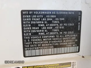 2012 Volkswagen Touareg Sport with VIN WVGEF9BP3CD011165, listed as a Copart auction lot 48913935 with 118,839 mi miles and Salvage Title. Bid and sale history available at DreamBid. Image 13.