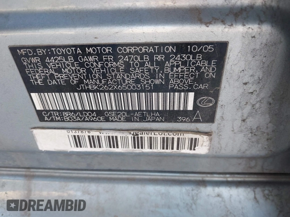 2006 Lexus IS 250 with VIN JTHBK262X65003151, listed as a IAAI auction lot 41563318 with 256,896 mi miles and . Bid and sale history available at DreamBid. Image 9.