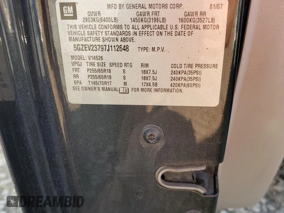 2007 Saturn Outlook XR z VIN 5GZEV23797J112648, wystawiony jako Copart lot #74287844 z przebiegiem 178 207 mil mil oraz Szkoda całkowita • Salvage title. Historia ofert i sprzedaży dostępna na DreamBid. Obrazek 12.