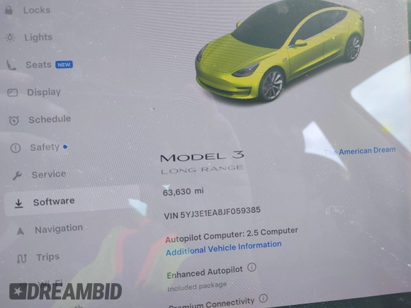 2018 Tesla Model 3 Long Range Battery with VIN 5YJ3E1EA8JF059385, listed as a IAAI auction lot 42116589 with 63,630 mi miles and . Bid and sale history available at DreamBid. Image 7.