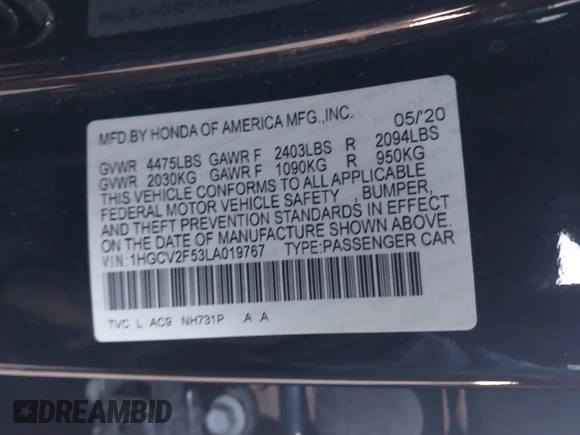 2020 Honda Accord EX-L with VIN 1HGCV2F53LA019767, listed as a IAAI auction lot 41047631 with 216,837 mi miles and . Bid and sale history available at DreamBid. Image 9.