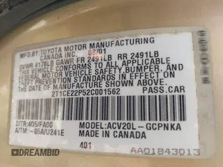 2002 Toyota Solara SE z VIN 2T1CE22P52C001562, wystawiony jako IAAI lot #42231844 z przebiegiem 243 362 mil mil oraz . Historia ofert i sprzedaży dostępna na DreamBid. Obrazek 9.