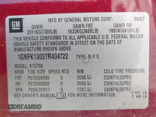 2007 Chevrolet Tahoe LT с VIN 1GNFK13037R404722, выставлен на аукционе IAAI как лот 41971336 с пробегом 176 429 миль миль и . История ставок и продаж доступна на DreamBid. Изображение 9.