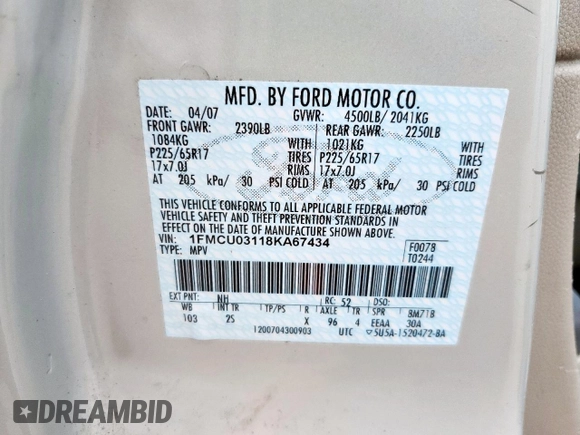 2008 Ford Escape XLT с VIN 1FMCU03118KA67434, выставлен на аукционе Copart как лот 58444095 с пробегом 61 803 миль миль и Списание • Salvage title. История ставок и продаж доступна на DreamBid. Изображение 13.